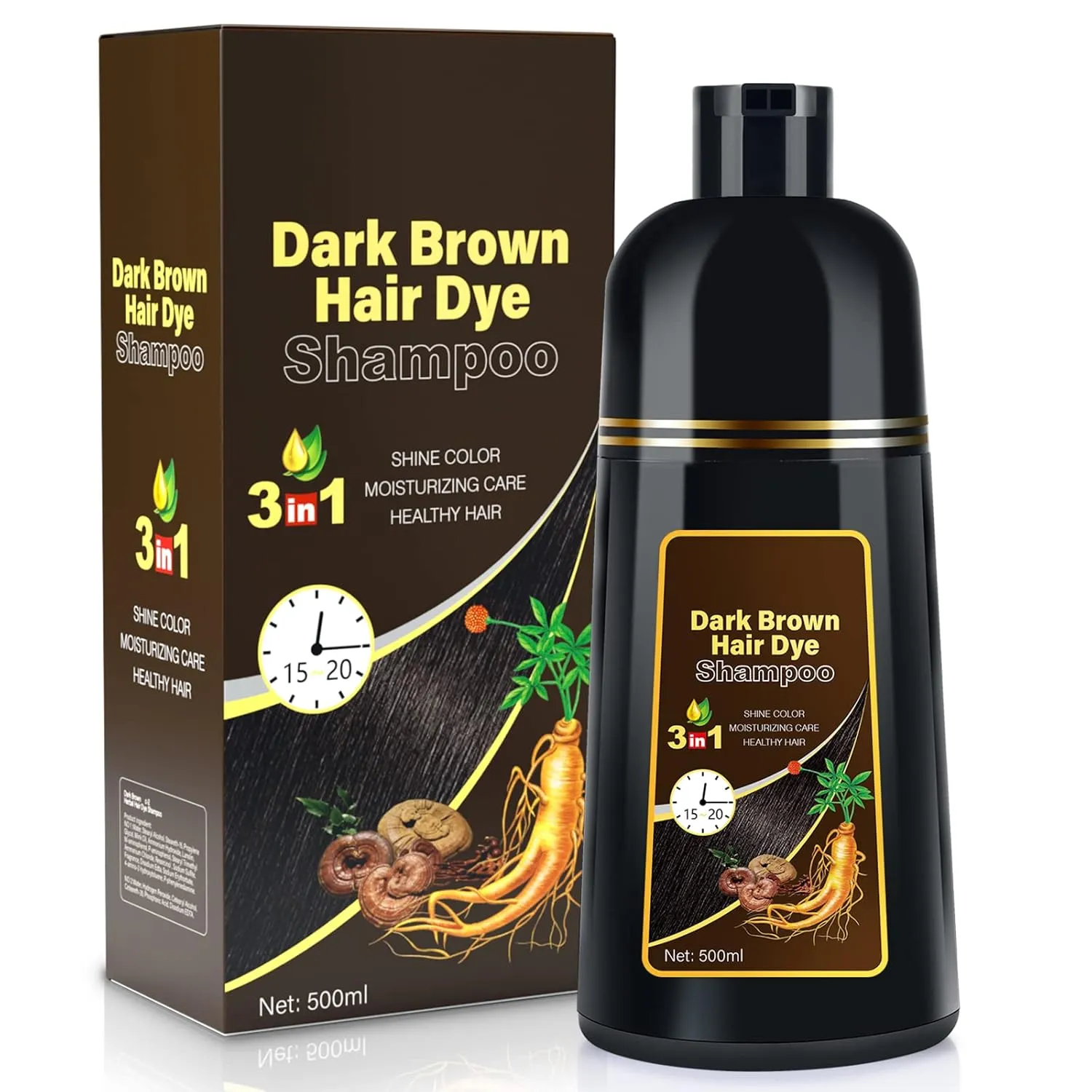 MEIDU Hair Dye Shampoo for Gray Hair, 3 in 1 Herbal Ingredients Natural Shampoo Hair Dye for Women Men, Grey Coverage 500ml (Dark Brown) 1