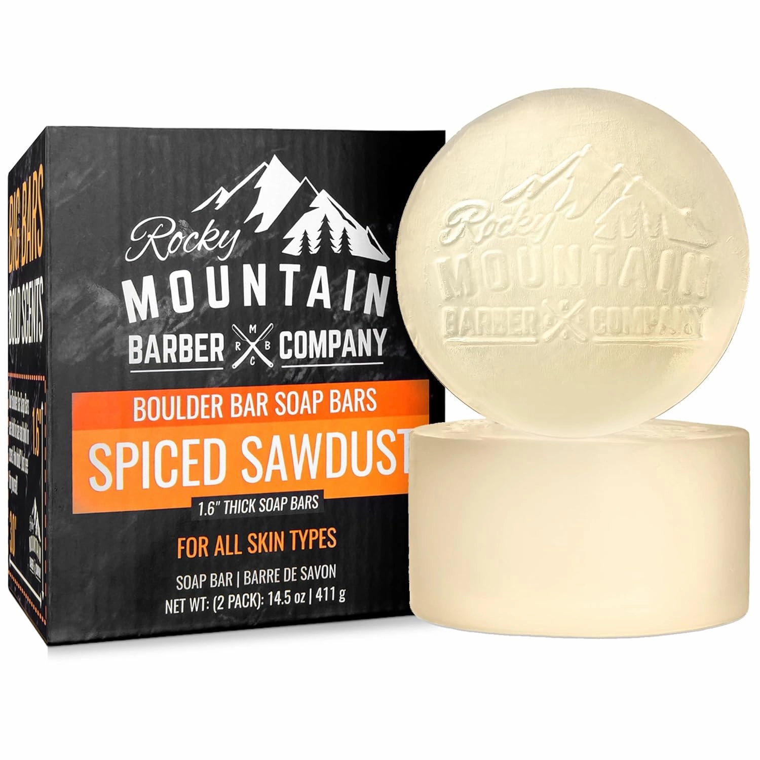 Men’s All-in-One Shampoo & Body Soap Bars – Extra Thick 1.6” Glycerin Hair & Body Soap Bars - 2 Soap Bars - Spiced Sawdust Scent - with Coconut Oil, Oat Protein & Cedarwood Oil - Made in USA - 14.5 oz