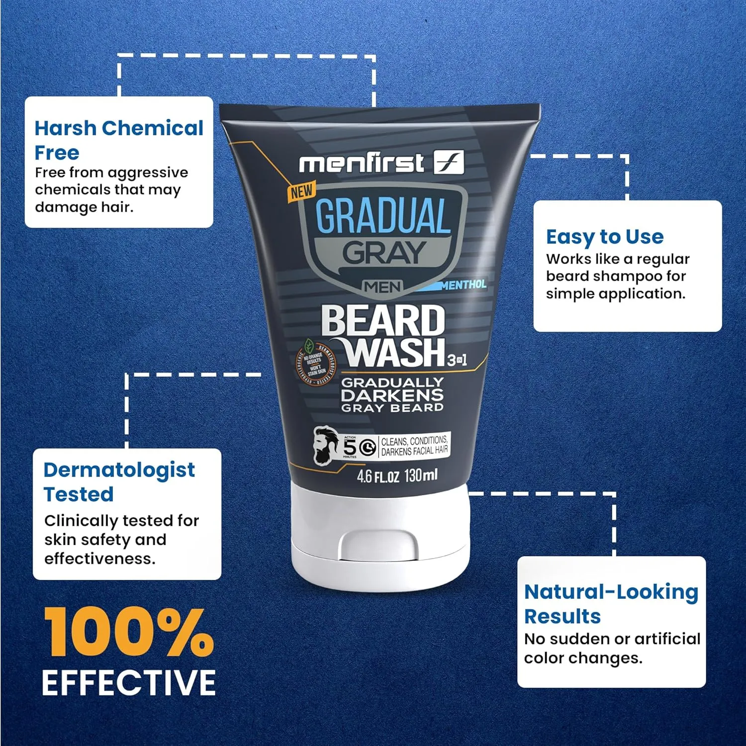 MENFIRST Gradual Gray Darkening Beard Wash for Men - Dark Shades Beard Shampoo - Hypoallergenic, Harsh Chemical-Free, Dermatologist Tested Beard Dye - 4.6 Fl Oz (Pack of 1)