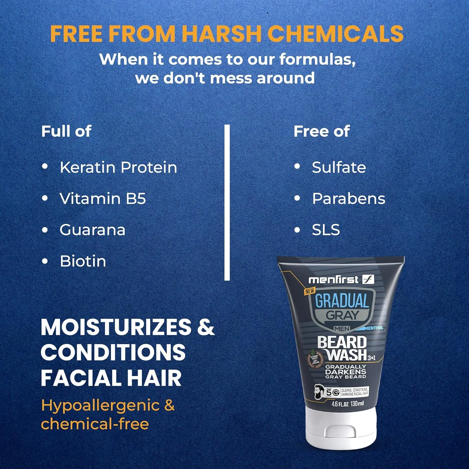MENFIRST Gradual Gray Darkening Beard Wash for Men - Dark Shades Beard Shampoo - Hypoallergenic, Harsh Chemical-Free, Dermatologist Tested Beard Dye - 4.6 Fl Oz (Pack of 1)