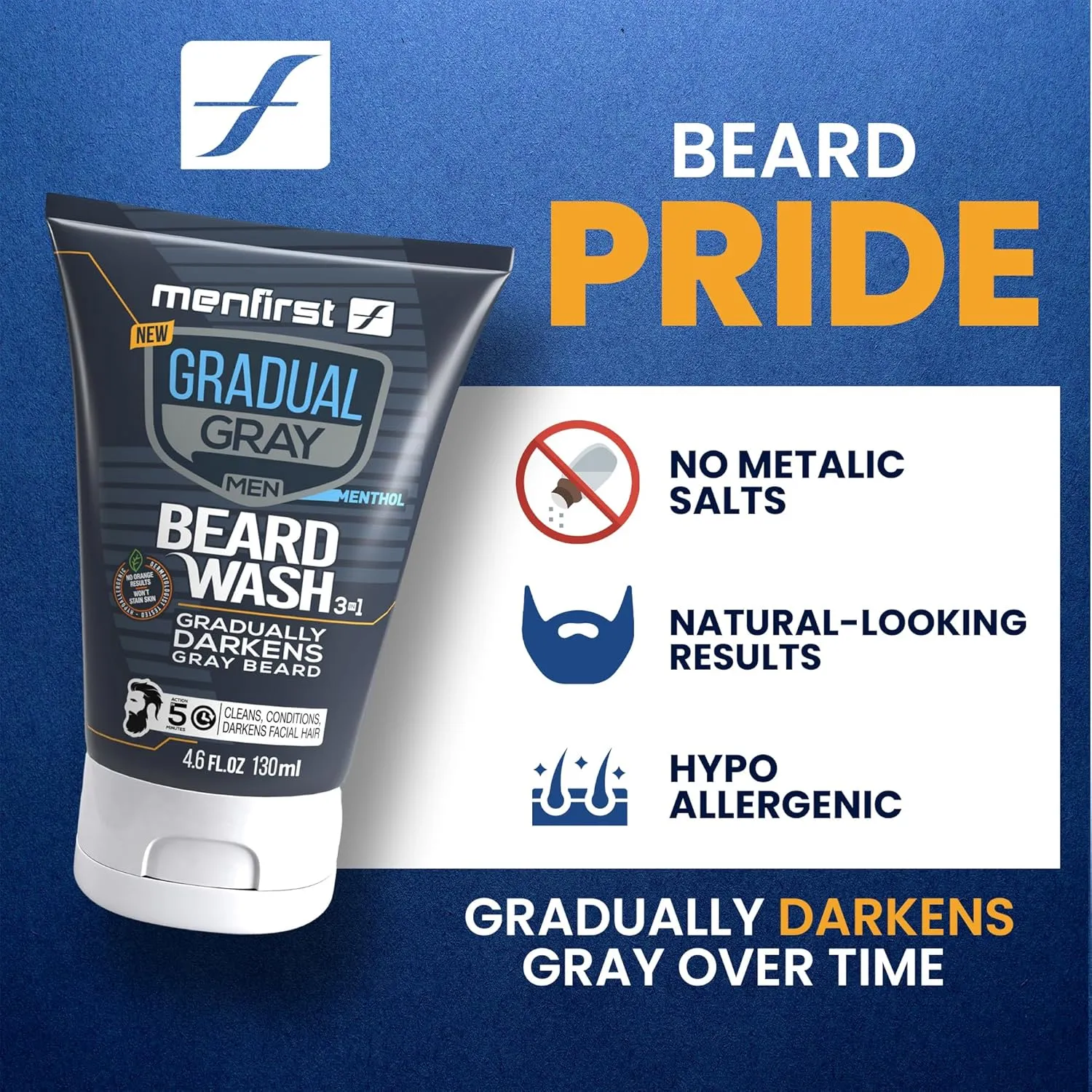 MENFIRST Gradual Gray Darkening Beard Wash for Men - Dark Shades Beard Shampoo - Hypoallergenic, Harsh Chemical-Free, Dermatologist Tested Beard Dye - 4.6 Fl Oz (Pack of 1)