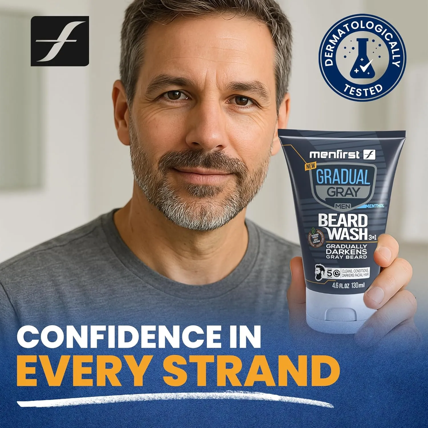 MENFIRST Gradual Gray Darkening Beard Wash for Men - Dark Shades Beard Shampoo - Hypoallergenic, Harsh Chemical-Free, Dermatologist Tested Beard Dye - 4.6 Fl Oz (Pack of 1)