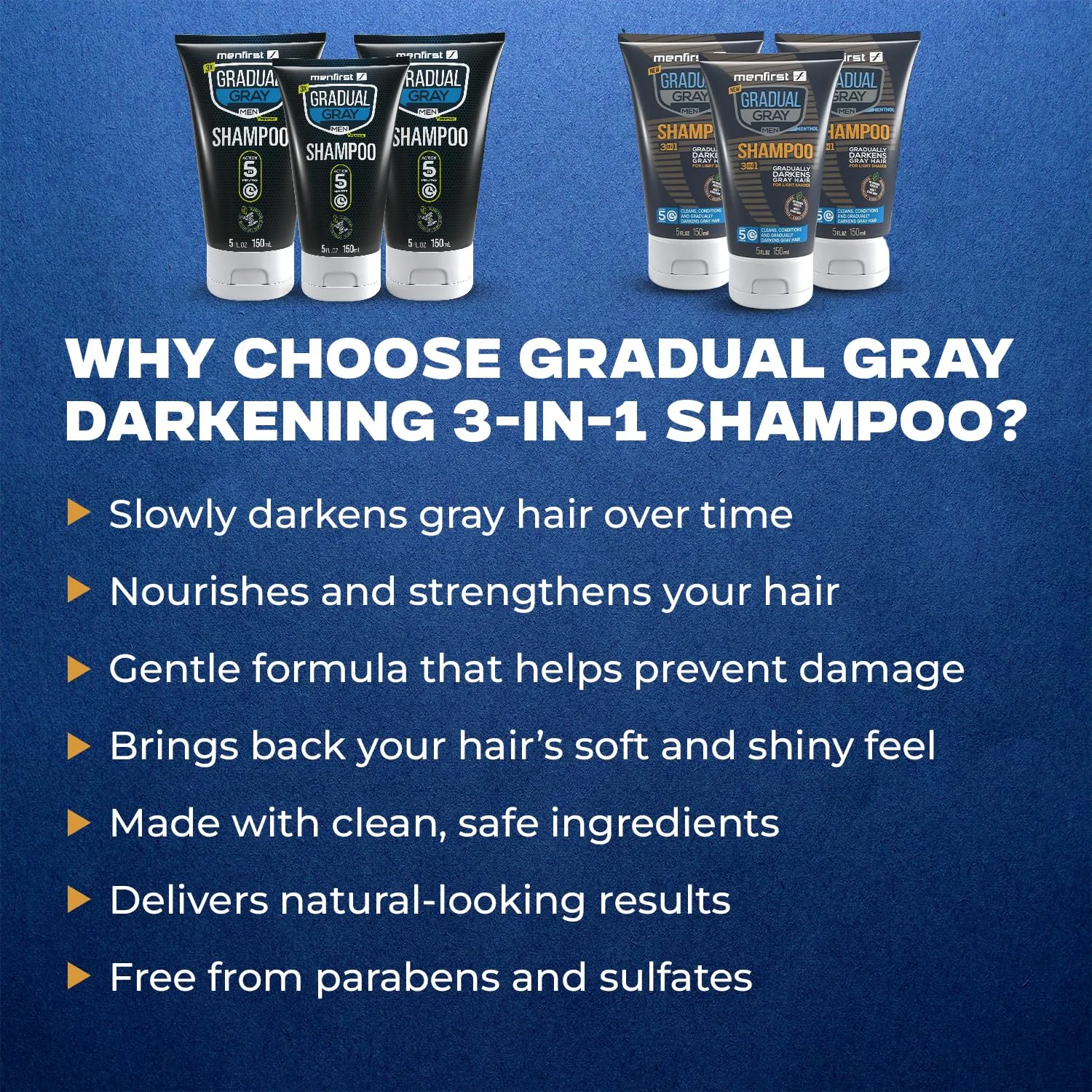 MENFIRST Gray Hair Darkening Shampoo - Gradual Hair Color for Gray Coverage, Hypoallergenic & Chemical-Free, Dark Shades