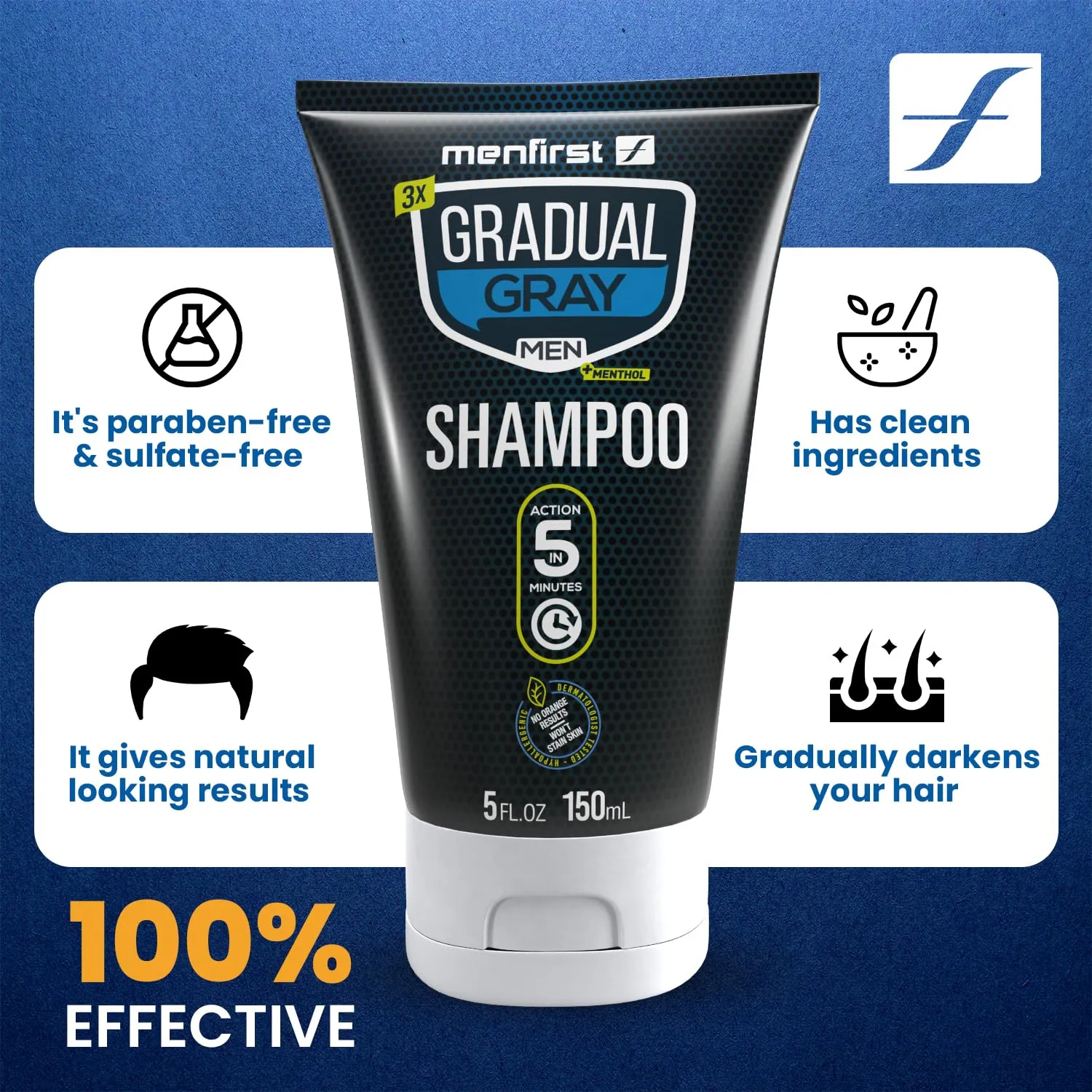 MENFIRST Gray Hair Darkening Shampoo - Gradual Hair Color for Gray Coverage, Hypoallergenic & Chemical-Free, Dark Shades