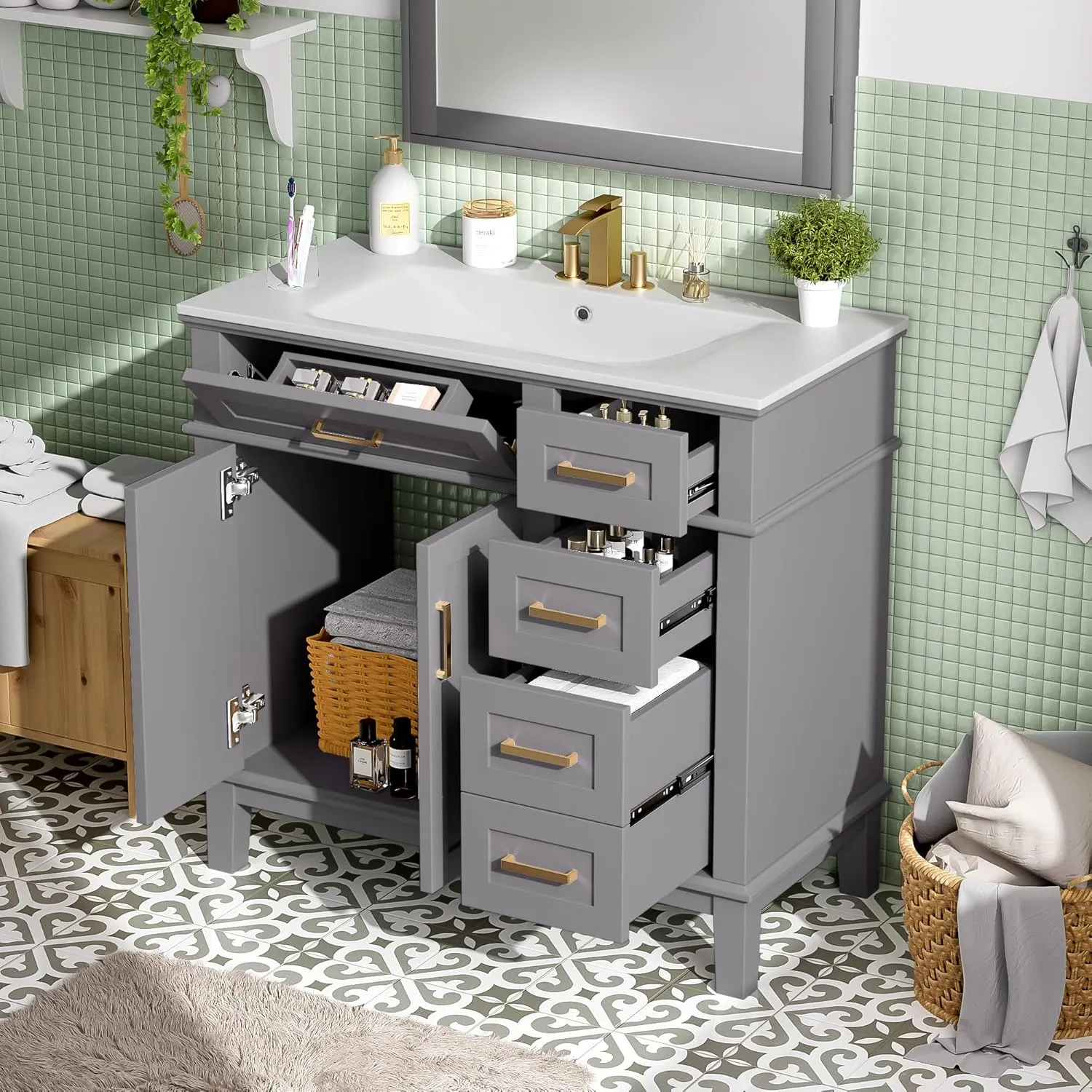 Merax Bathroom Vanity Set，Vanity Sinks Combo for Bathrooms,36" Bathroom Storage Vanity Cabinet with 2 Soft Closing Doors & Drawers,Solid Wood Frame