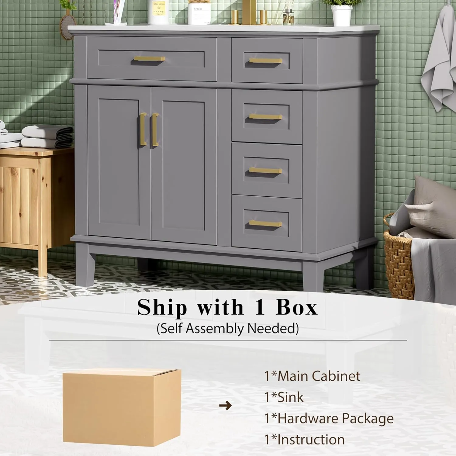 Merax Bathroom Vanity Set，Vanity Sinks Combo for Bathrooms,36" Bathroom Storage Vanity Cabinet with 2 Soft Closing Doors & Drawers,Solid Wood Frame
