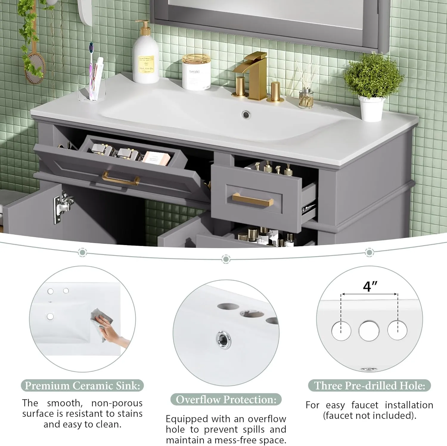 Merax Bathroom Vanity Set，Vanity Sinks Combo for Bathrooms,36" Bathroom Storage Vanity Cabinet with 2 Soft Closing Doors & Drawers,Solid Wood Frame