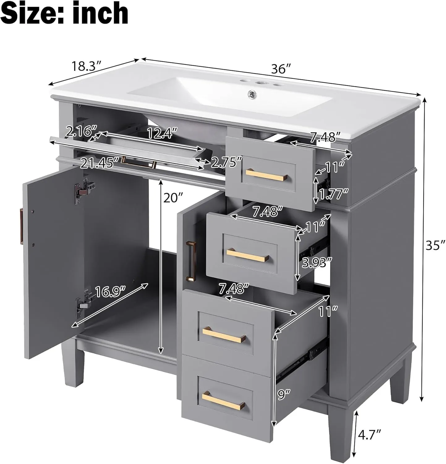 Merax Bathroom Vanity Set，Vanity Sinks Combo for Bathrooms,36" Bathroom Storage Vanity Cabinet with 2 Soft Closing Doors & Drawers,Solid Wood Frame