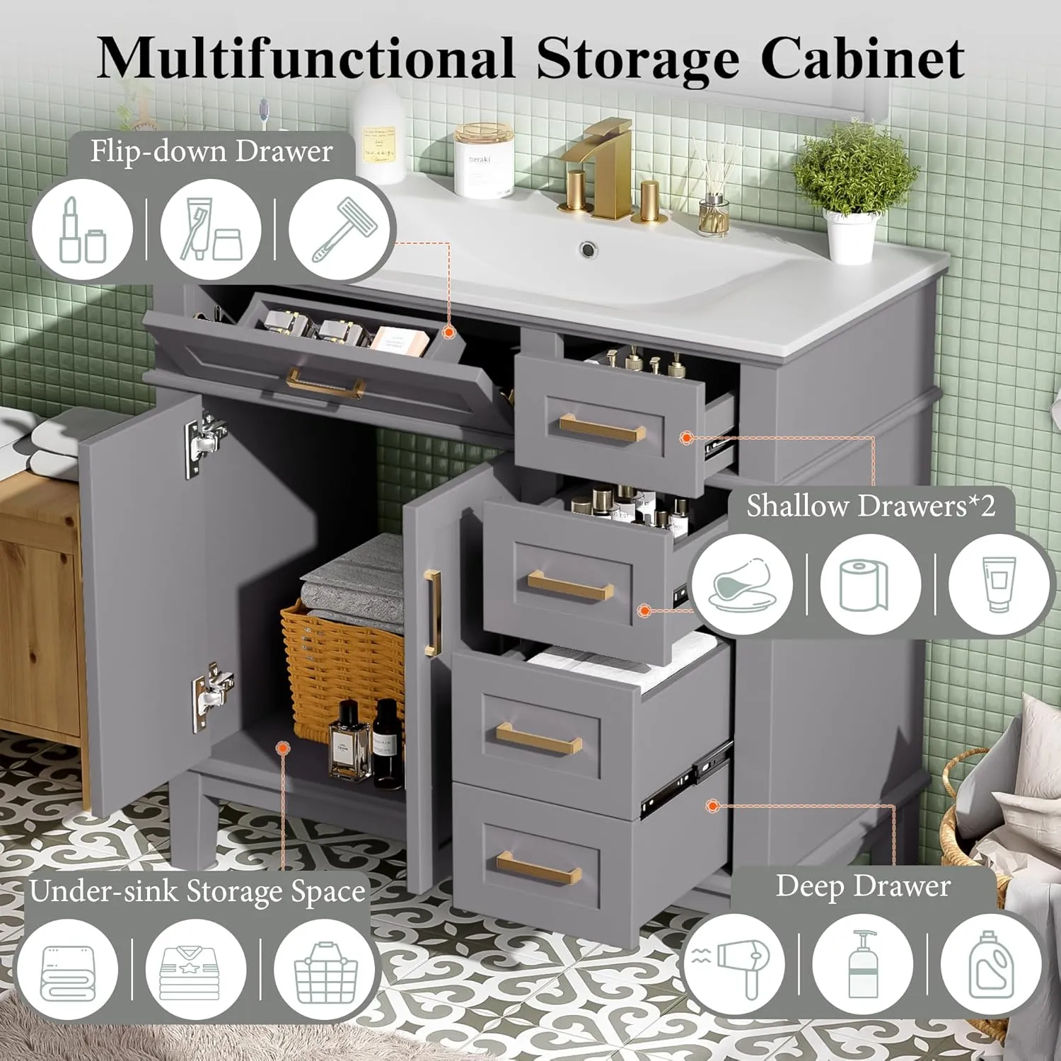 Merax Bathroom Vanity Set，Vanity Sinks Combo for Bathrooms,36" Bathroom Storage Vanity Cabinet with 2 Soft Closing Doors & Drawers,Solid Wood Frame