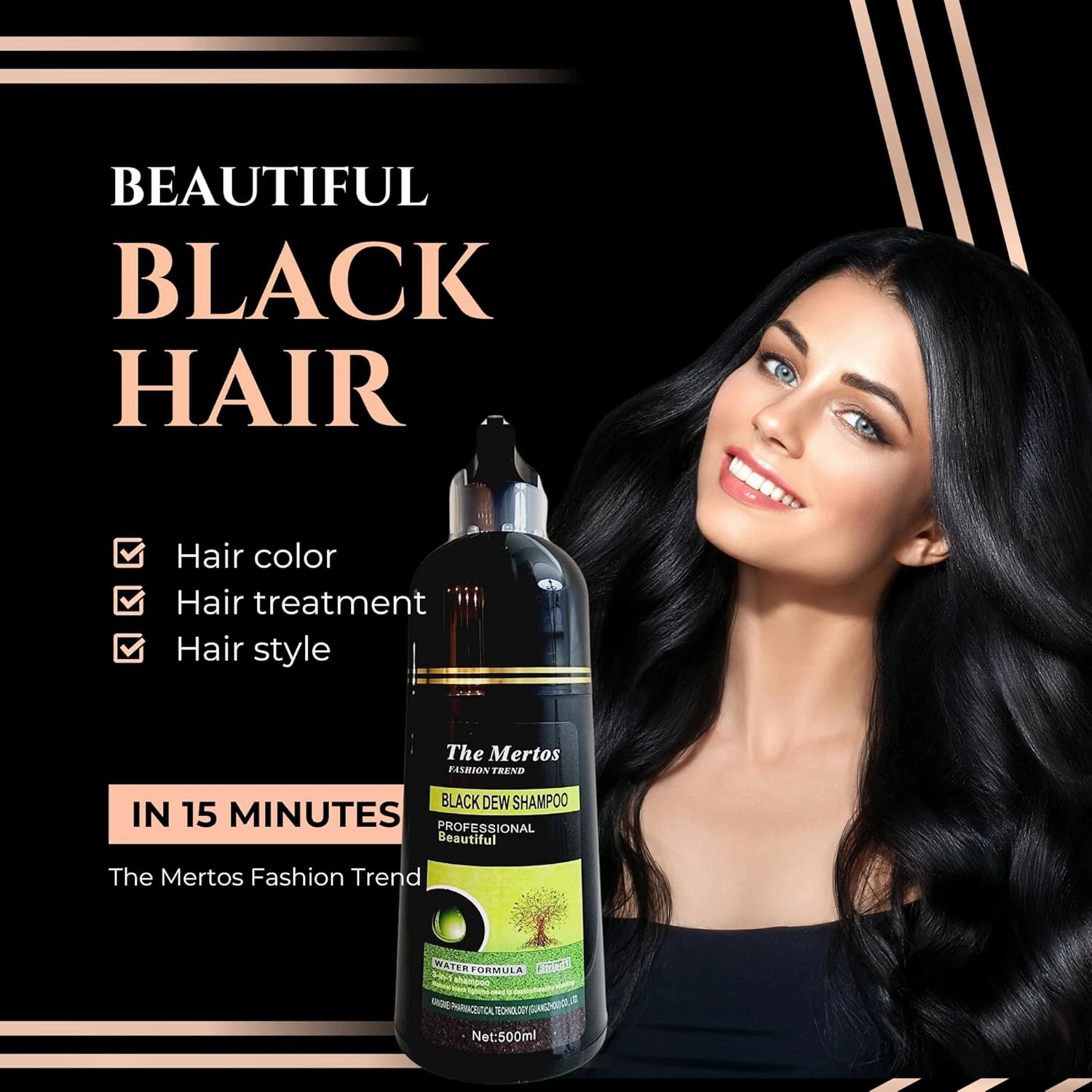 Mertos Fashion Trend Black Hair Dye Shampoo 3 in 1 for Gray Coverage, Color Shampoo for Women Men, Herbal Ingredients 500ml