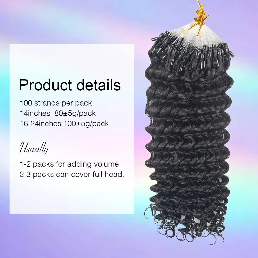 Micro Loop Human Hair Extensions for Black Women Deep Curly Natural Black Real Human Hair Micro Ring Hair Extensions 100 Strands 20 Inches