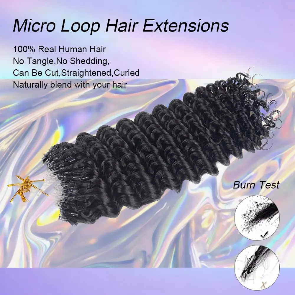 Micro Loop Human Hair Extensions for Black Women Deep Curly Natural Black Real Human Hair Micro Ring Hair Extensions 100 Strands 20 Inches