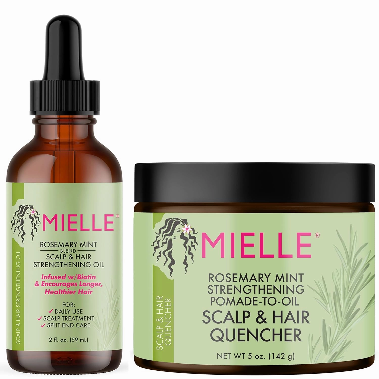 Mielle Organics Rosemary Mint Scalp & Hair Strengthening Oil and Pomade-To-Oil Quencher, Bundle