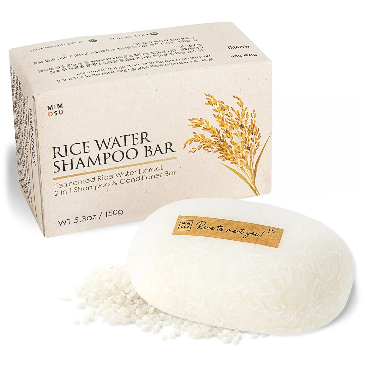 mimosu Hair Growth Shampoo Bar, Fermented Rice Water 2-in-1 Shampoo & Conditioner, 5oz, Unscented, pH Balanced, Solid Bar for Oily Hair, Korean Hair Care