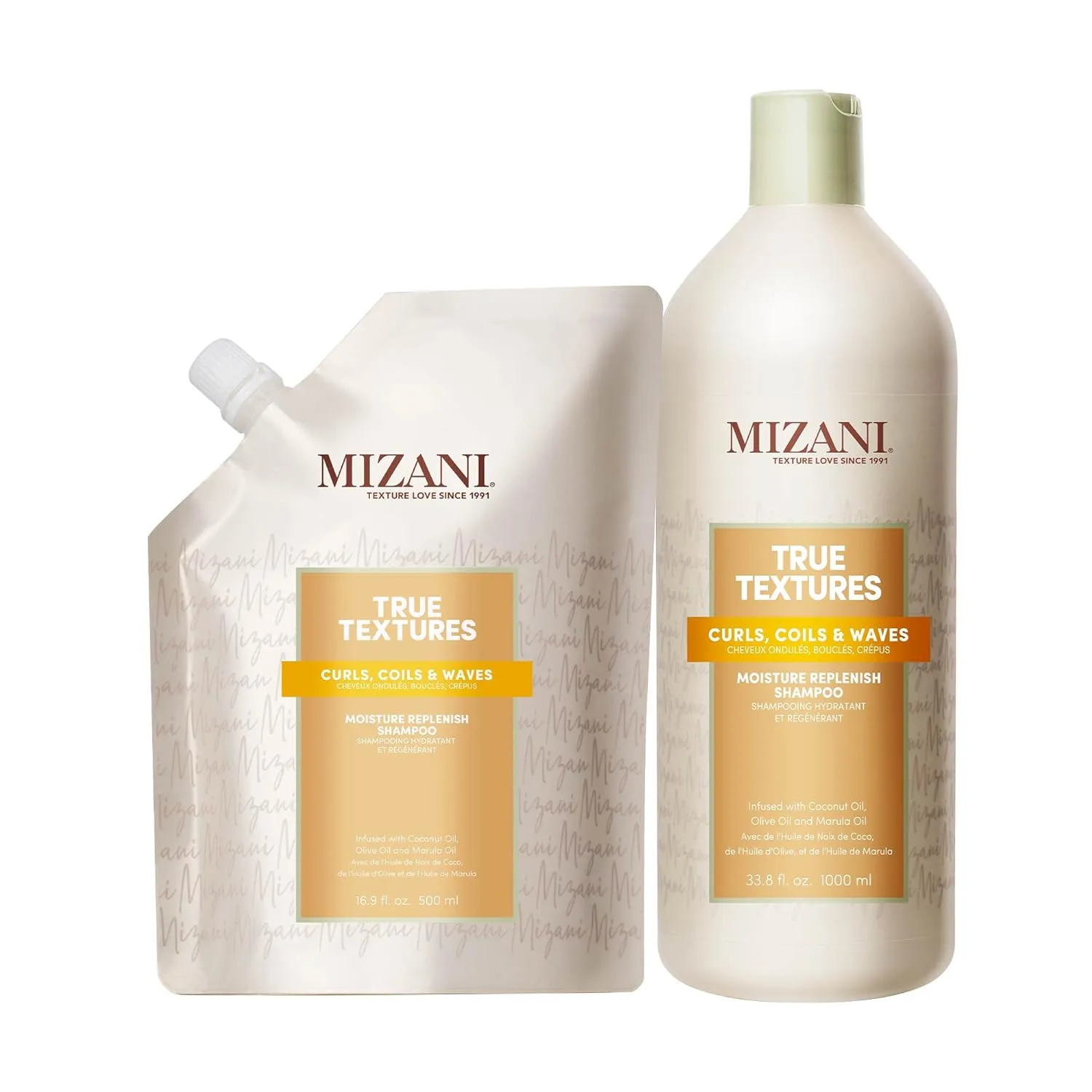 Mizani True Textures Moisture Replenish Shampoo with Refill Set | Smooths & Hydrates | with Coconut Oil | Sulfate-Free | for Curly Hair | 33.8 Fl Oz Liter and 16.9 Fl Oz Refill