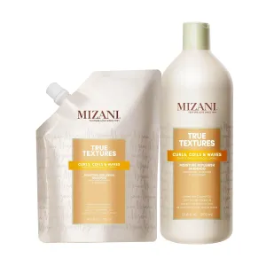 Mizani True Textures Moisture Replenish Shampoo with Refill Set | Smooths & Hydrates | with Coconut Oil | Sulfate-Free | for Curly Hair | 33.8 Fl Oz Liter and 16.9 Fl Oz Refill