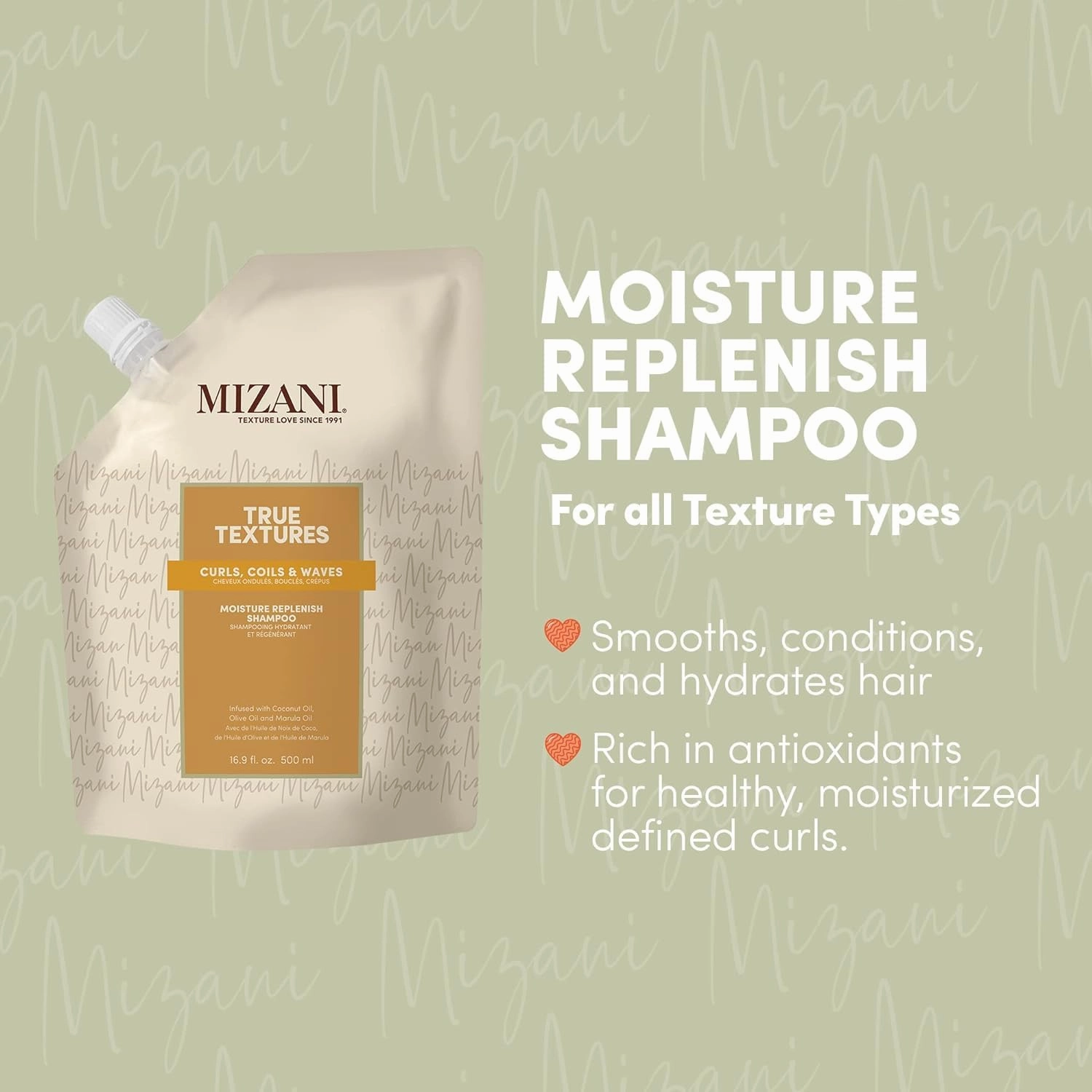 MIZANI True Textures Moisture Replenish Shampoo - Smooths & Hydrates, With Coconut Oil, Sulfate & Paraben-Free, for Natural Curly Hair