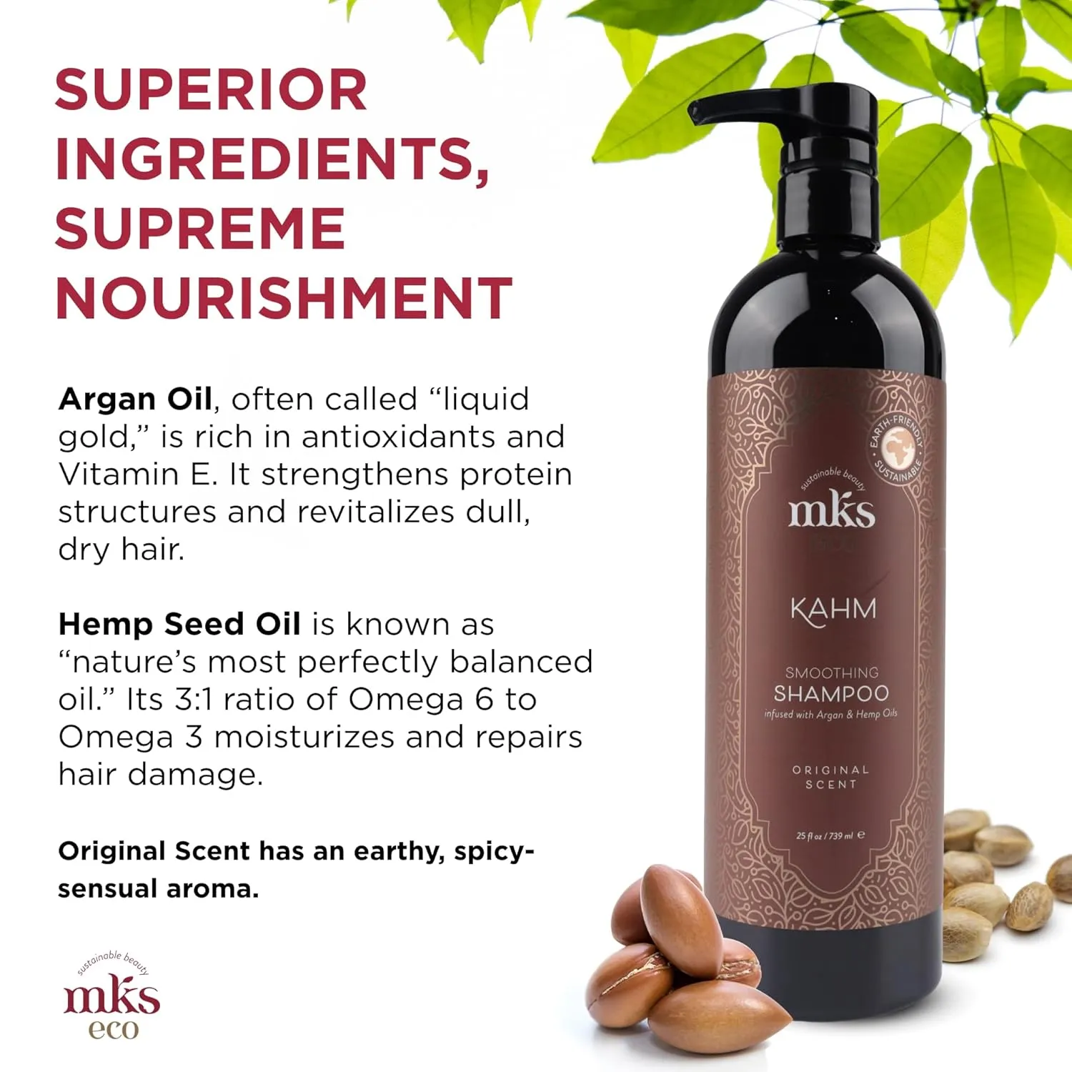 MKS eco Kahm Smoothing Shampoo, Original Scent - Cleanse, Moisturize & Repair Hair - With Moroccan Argan Oil, Hemp Seed Oil & Vegetable Keratin Protein - Vegan, Cruelty Free