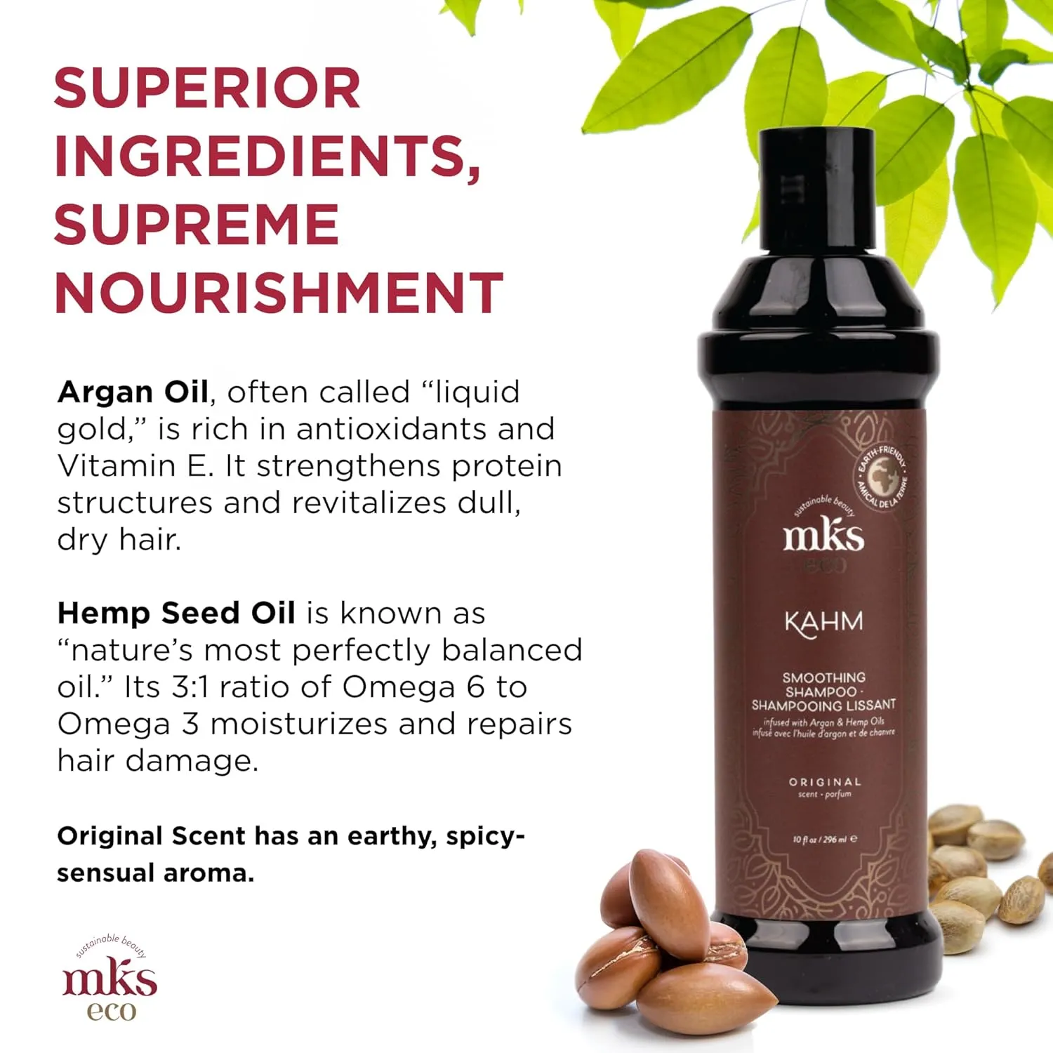 MKS eco Kahm Smoothing Shampoo, Original Scent - Cleanse, Moisturize & Repair Hair - With Moroccan Argan Oil, Hemp Seed Oil & Vegetable Keratin Protein - Vegan, Cruelty Free