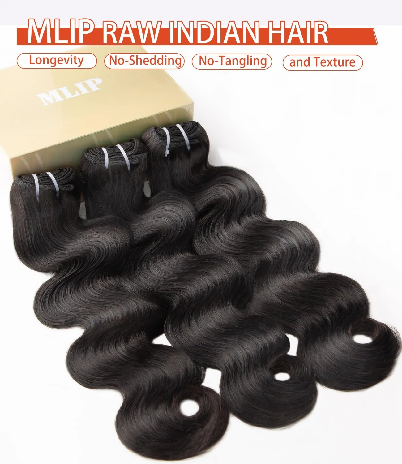 mlip Raw Bundles Human Hair Body Wave, No Tangle Shedding, Keep Texture Silky Soft After Multiple Washes, 15A Raw Indian Hair Bundles 16 18 20 Inches, Triple Lifespan 3X