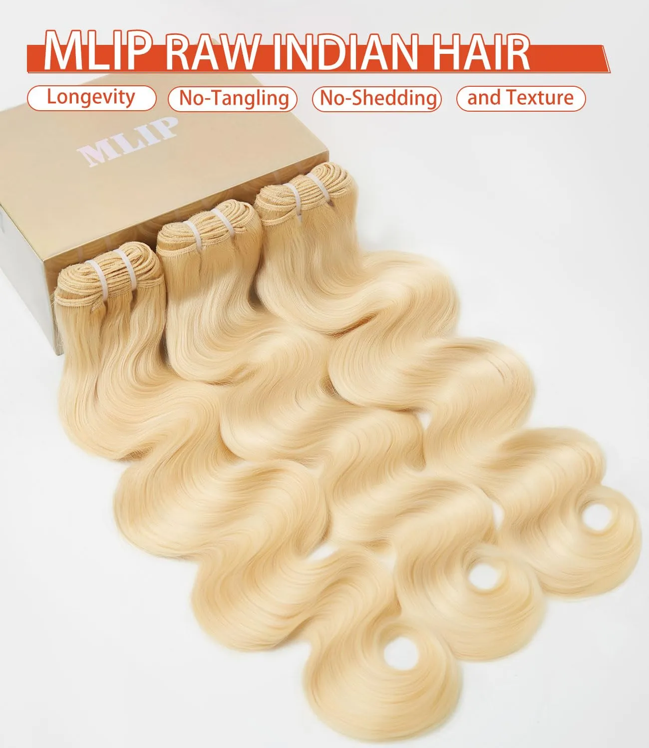 mlip Raw Bundles Human Hair Body Wave, No Tangle Shedding, Keep Texture Silky Soft After Multiple Washes, 15A Raw Indian Hair Bundles 16 18 20 Inches,613 Blonde Bundles