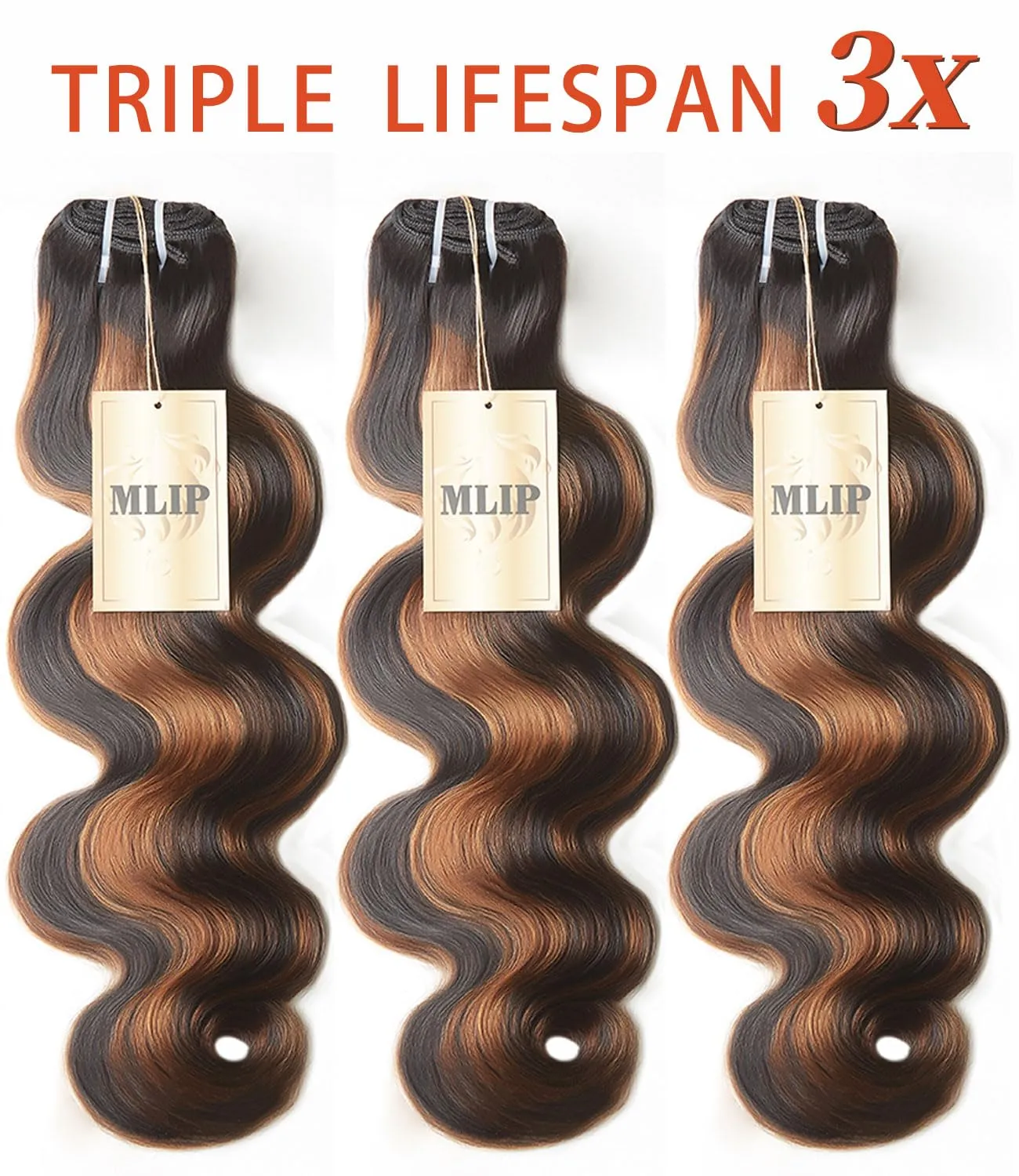 mlip Raw Bundles Human Hair Body Wave, No Tangle Shedding, Keep Texture Silky Soft After Multiple Washes, 15A Raw Indian Hair Bundles 18 20 22 Inches, Brown Highlight Bundles