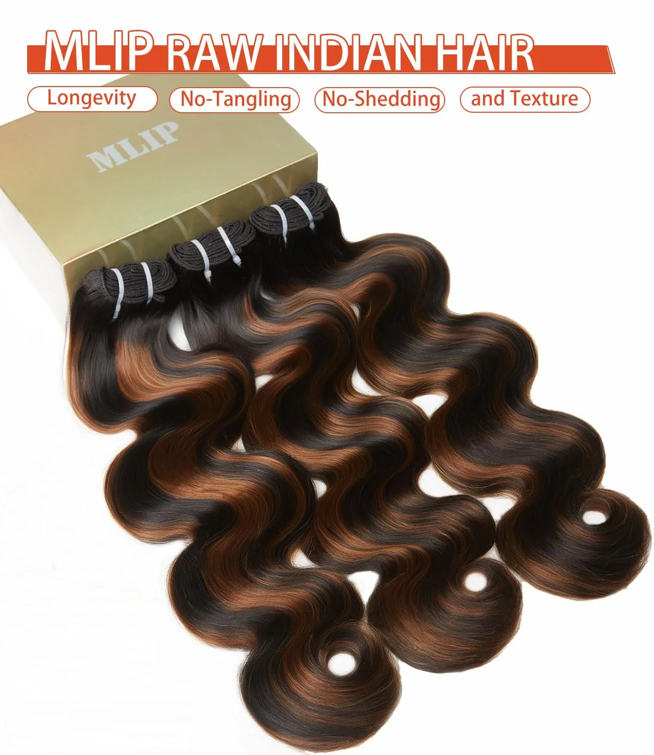 mlip Raw Bundles Human Hair Body Wave, No Tangle Shedding, Keep Texture Silky Soft After Multiple Washes, 15A Raw Indian Hair Bundles 20 20 20 Inches, Brown Highlight Bundles