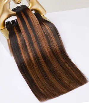 MLIP Raw Bundles Human Hair Straight, No Tangle Shedding, Keep Texture Silky Soft After Multiple Washes, 15A Raw Indian Hair Bundles 12 14 16 Inches, Brown Highlight Color