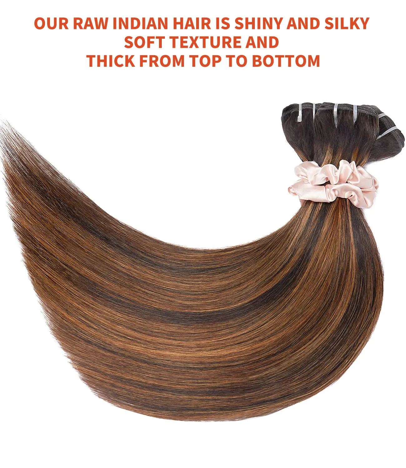 MLIP Raw Bundles Human Hair Straight, No Tangle Shedding, Keep Texture Silky Soft After Multiple Washes, 15A Raw Indian Hair Bundles 12 14 16 Inches, Brown Highlight Color