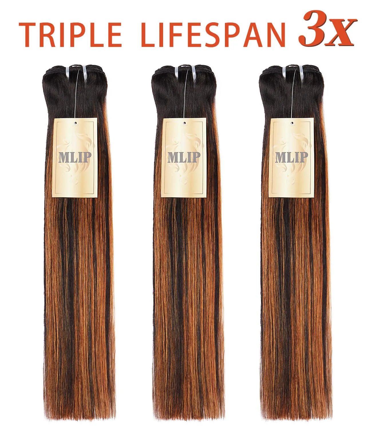 MLIP Raw Bundles Human Hair Straight, No Tangle Shedding, Keep Texture Silky Soft After Multiple Washes, 15A Raw Indian Hair Bundles 12 14 16 Inches, Brown Highlight Color