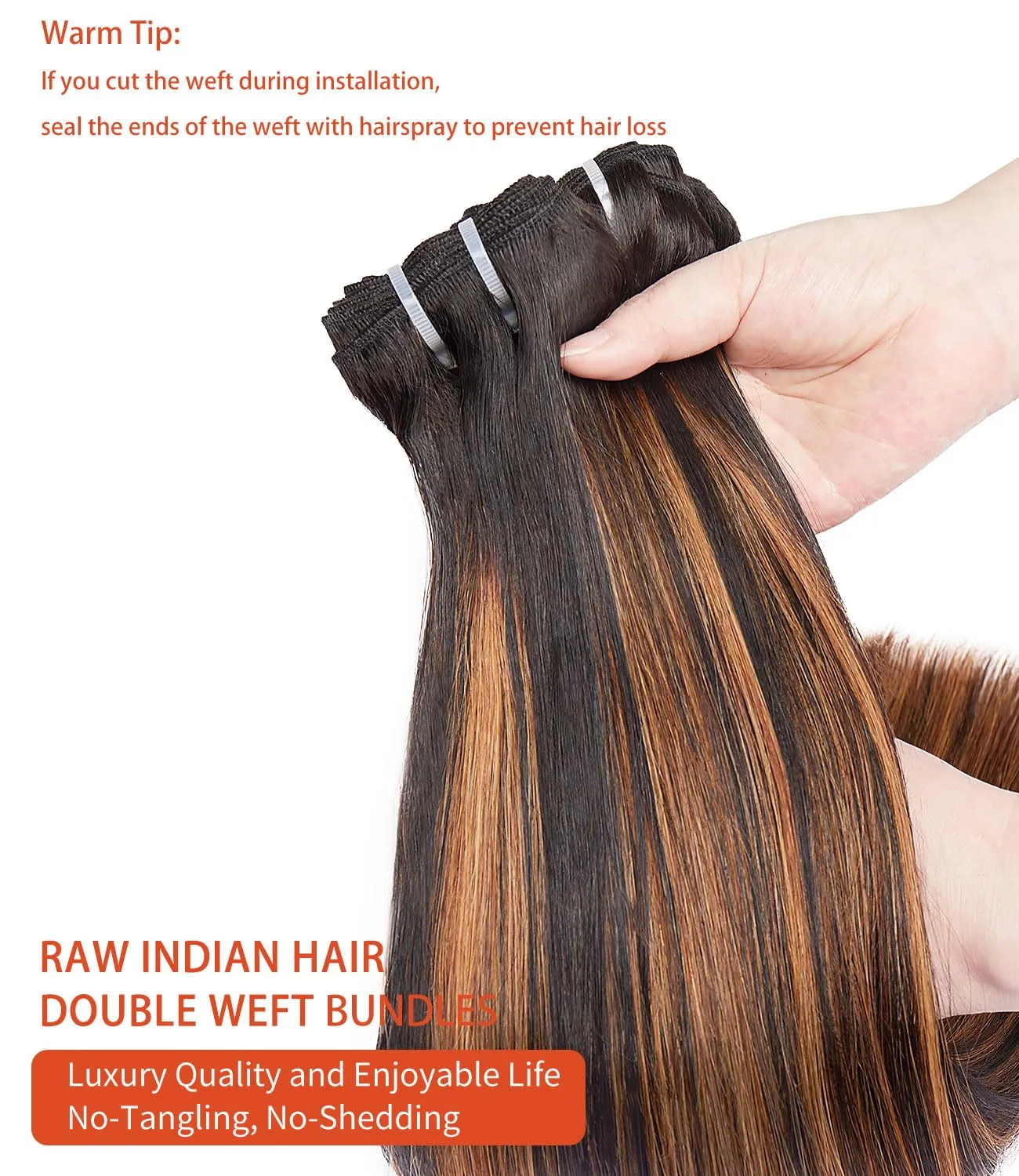 MLIP Raw Bundles Human Hair Straight, No Tangle Shedding, Keep Texture Silky Soft After Multiple Washes, 15A Raw Indian Hair Bundles 12 14 16 Inches, Brown Highlight Color