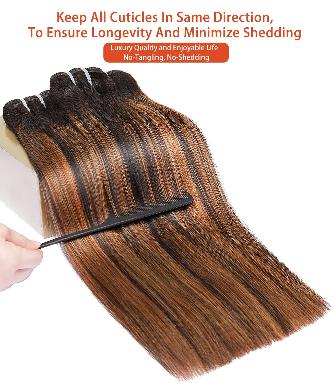 MLIP Raw Bundles Human Hair Straight, No Tangle Shedding, Keep Texture Silky Soft After Multiple Washes, 15A Raw Indian Hair Bundles 12 14 16 Inches, Brown Highlight Color