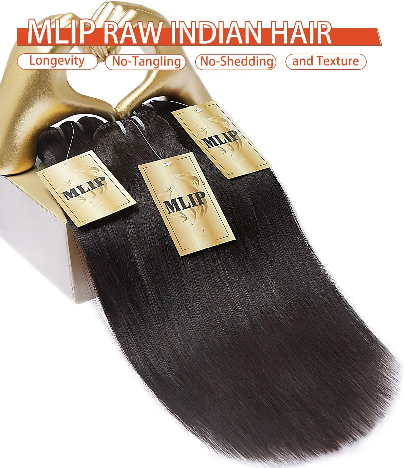 MLIP Raw Bundles Human Hair Straight, No Tangle Shedding, Keep Texture Silky Soft After Multiple Washes, 15A Raw Indian Hair Bundles 12 14 16 Inches, Triple Lifespan 3X
