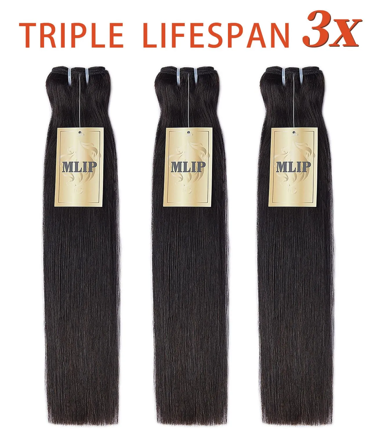 MLIP Raw Bundles Human Hair Straight, No Tangle Shedding, Keep Texture Silky Soft After Multiple Washes, 15A Raw Indian Hair Bundles 12 14 16 Inches, Triple Lifespan 3X