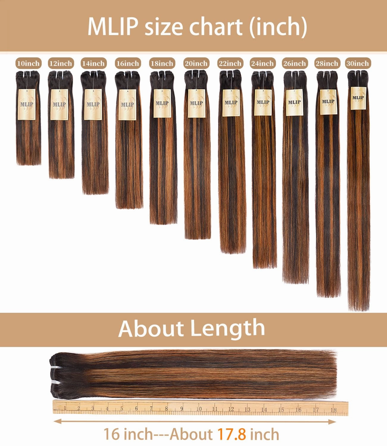 mlip Raw Bundles Human Hair Straight, No Tangle Shedding, Keep Texture Silky Soft After Multiple Washes, 15A Raw Indian Hair Bundles 14 Inches, Brown Highlight Color