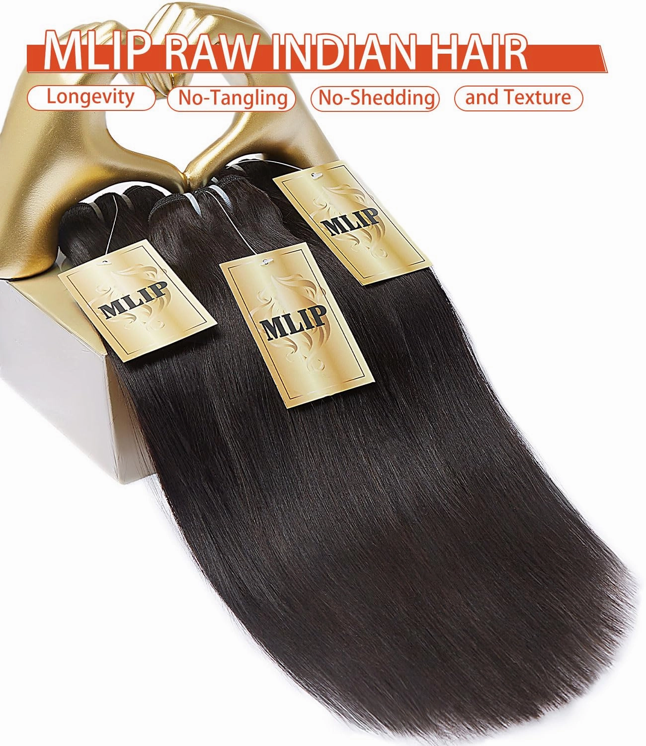 mlip Raw Bundles Human Hair Straight, No Tangle Shedding, Keep Texture Silky Soft After Multiple Washes, 15A Raw Indian Hair Bundles 14 Inches, Triple Lifespan 3X