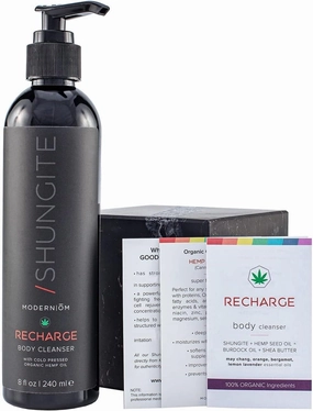 Modern ŌM Shungite Recharge Organic Cleanser Body Wash with Living Water Kit for Natural Water Purification | Authentic Elite Shungite | Vegan, Non GMO, Not Tested on Animals, Handmade in USA