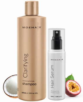 MOEHAIR Clarifying Shampoo - 12 Oz. Fl & Hair Serum - 3.5 Oz | Scalp Detoxifying Shampoo | Eliminates Dirt & Product Build-up | Combats Frizz | Adds Shines & Softens Hair | Paraben & Sulfate Free