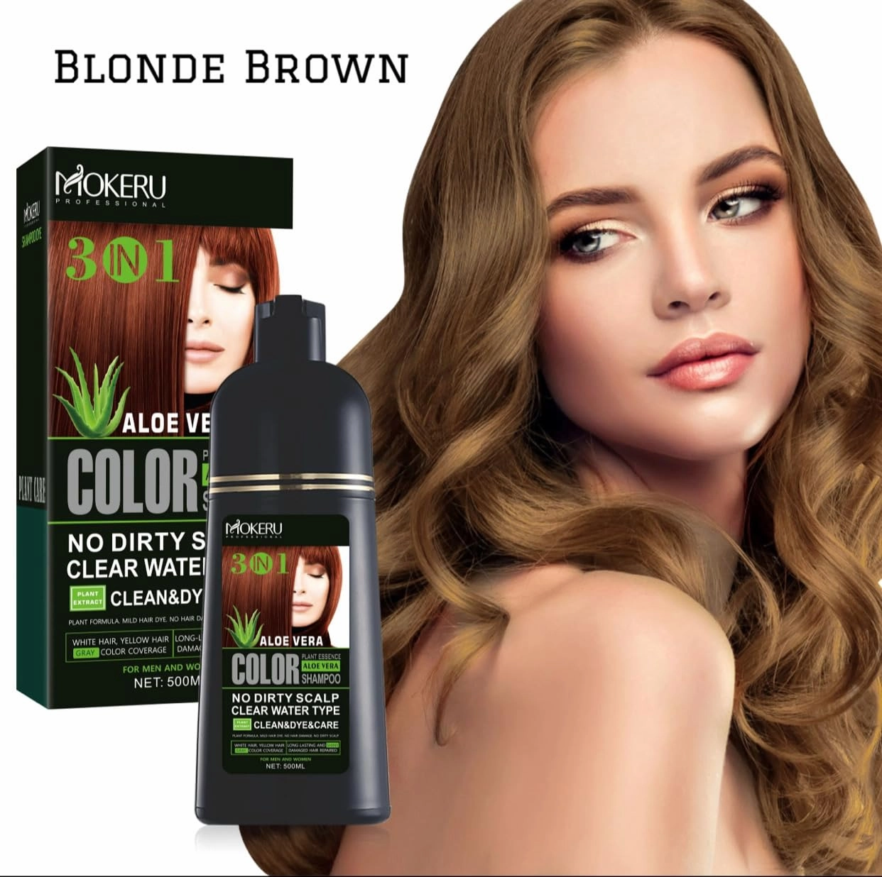 MOKERU Professional Aloe Vera 3-in-1 Hair Dye Color Shampoo 500ML – With Argan Oil Benefits (Blonde Brown)