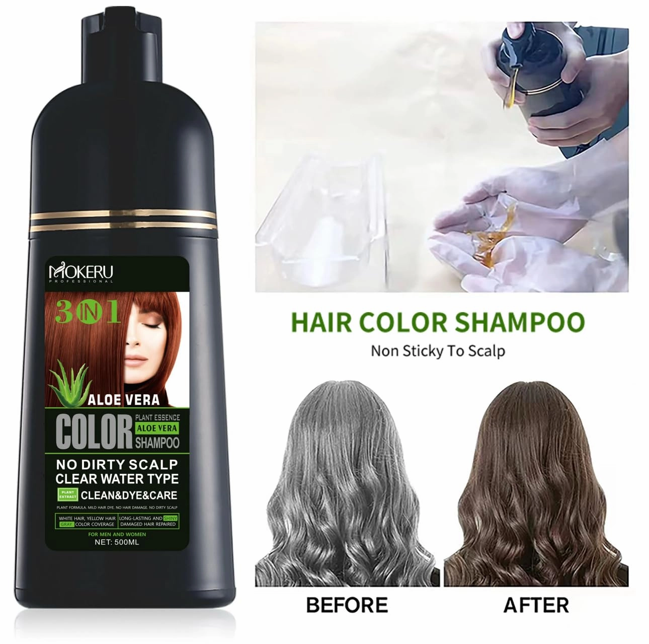 MOKERU Professional Aloe Vera 3-in-1 Hair Dye Color Shampoo 500ML – With Argan Oil Benefits (Blonde Brown)