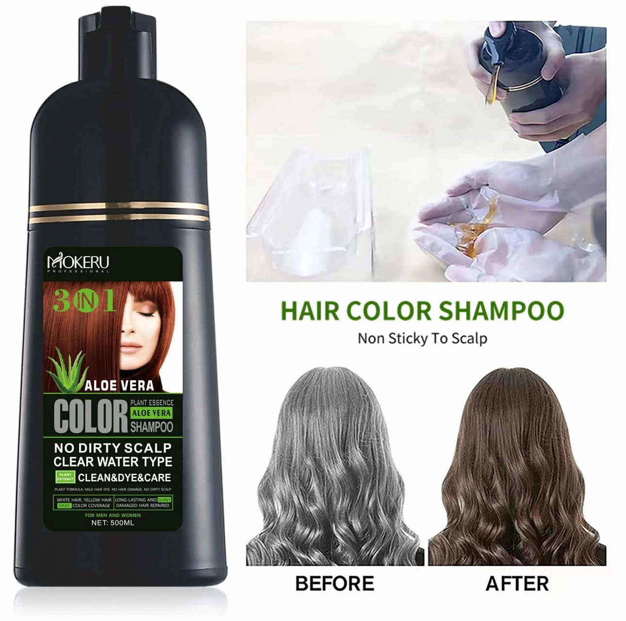 MOKERU Professional Aloe Vera 3-in-1 Hair Dye Color Shampoo 500ML – With Argan Oil Benefits (Light Brown)