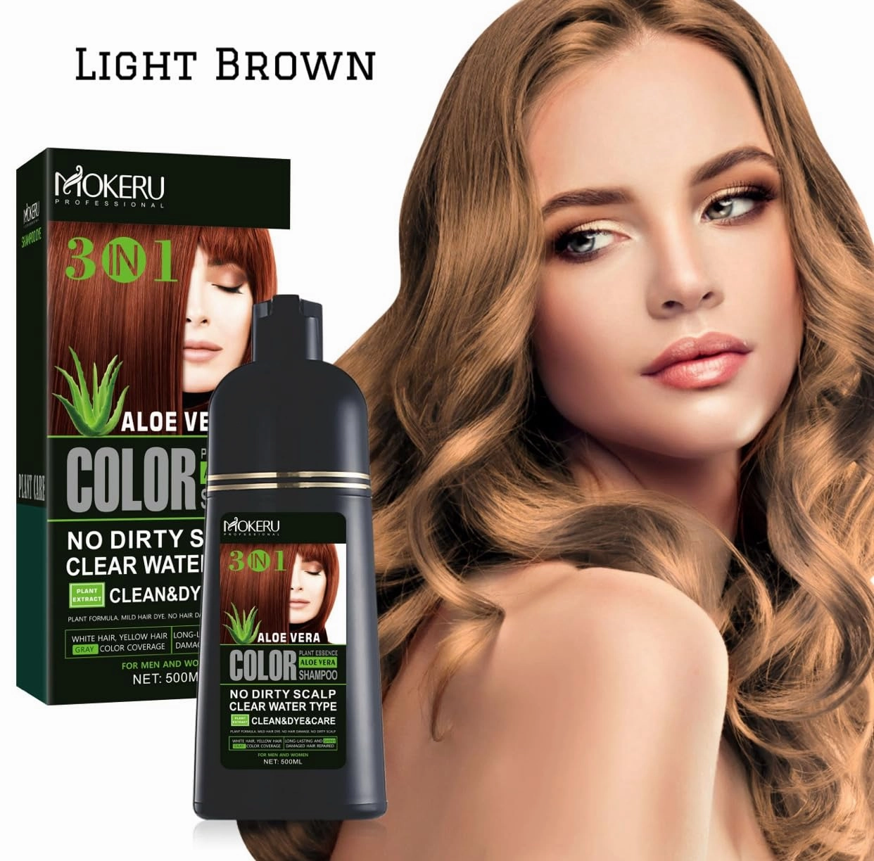 MOKERU Professional Aloe Vera 3-in-1 Hair Dye Color Shampoo 500ML – With Argan Oil Benefits (Light Brown)