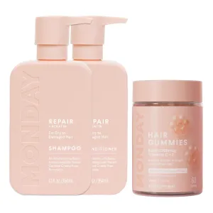 MONDAY HAIRCARE Repair Shampoo and Conditioner Set 12oz for Dry to Damaged Hair   Hair Gummies for Thicker and Stronger Hair (60 count) Strawberry Flavored