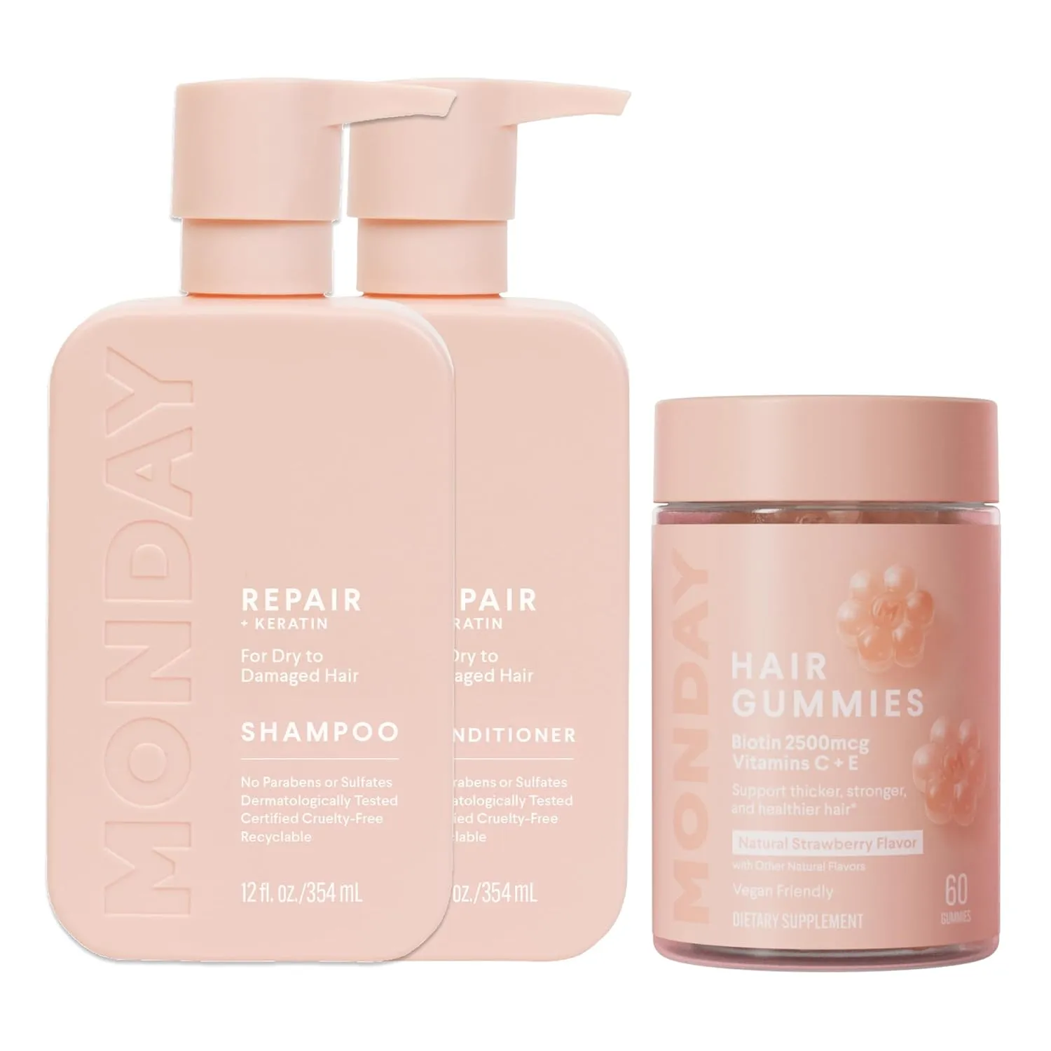 MONDAY HAIRCARE Repair Shampoo and Conditioner Set 12oz for Dry to Damaged Hair   Hair Gummies for Thicker and Stronger Hair (60 count) Strawberry Flavored