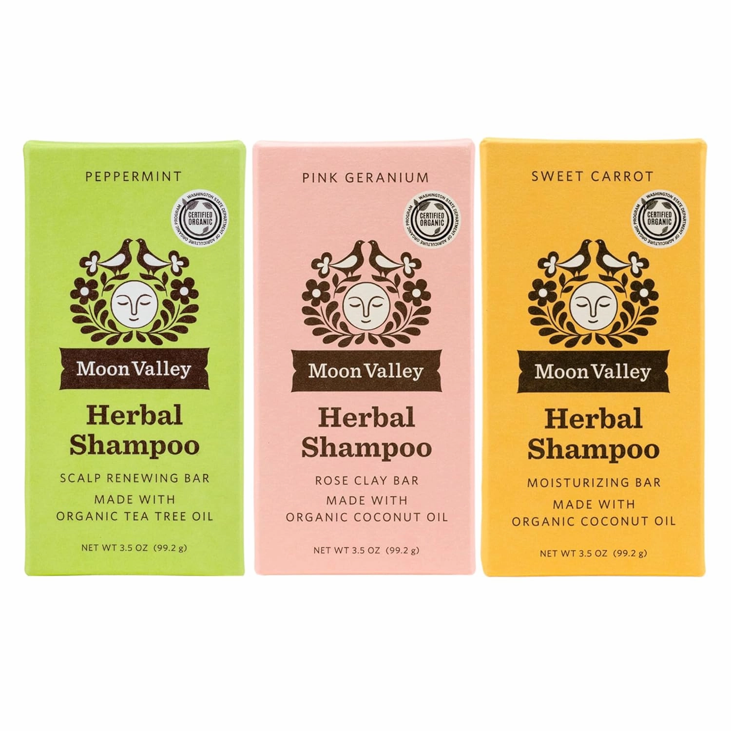 Moon Valley Organics Herbal Shampoo Bar – Peppermint, Sweet Carrot, Pink Geranium, 3 Pack Bundle