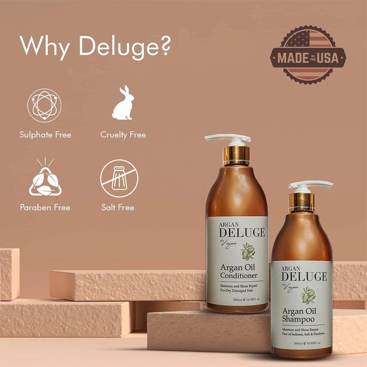 Moroccan Argan Oil Shampoo and Conditioner. Sulfate, Phosphate and Paraben Free. Keratin and Omega 3,6 by DELUGE