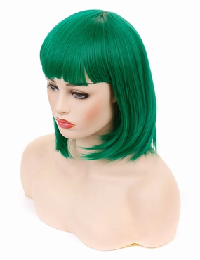 morvally Short Straight Neat Bangs Bob Wigs Natural Looking Synthetic Hair Wig for Cosplay Costume Halloween (12 inches Green)