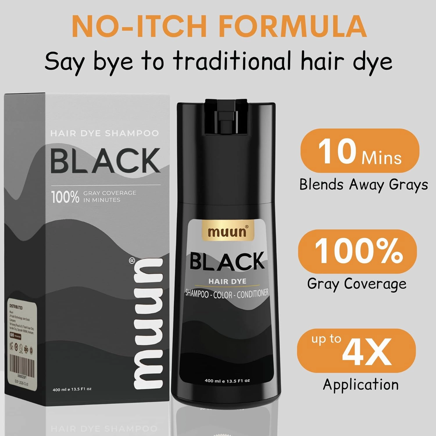 Muun Black Hair Dye Shampoo - 3-In-1 Ammonia Free Hair Color Shampoo for Gray Hair Coverage for Women and Men in minutes with Herbal Natural Ingredients 400ml