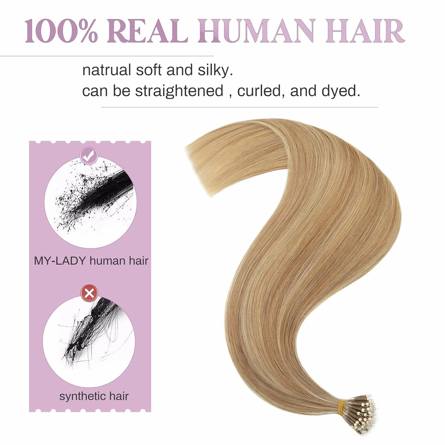 MY-LADY Nano Bead Hair Extensions Human Hair Invisible Nano Ring Hair Extensions Pre Bonded Cold Fushion Natural Nano Tips Extensions 50 Strands 50g 16 Inch #12P613 Golden Brown&Bleach Blonde