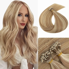 MY-LADY Nano Bead Hair Extensions Human Hair Invisible Nano Ring Hair Extensions Pre Bonded Cold Fushion Natural Nano Tips Extensions 50 Strands 50g 18 Inch #12P613 Golden Brown&Bleach Blonde